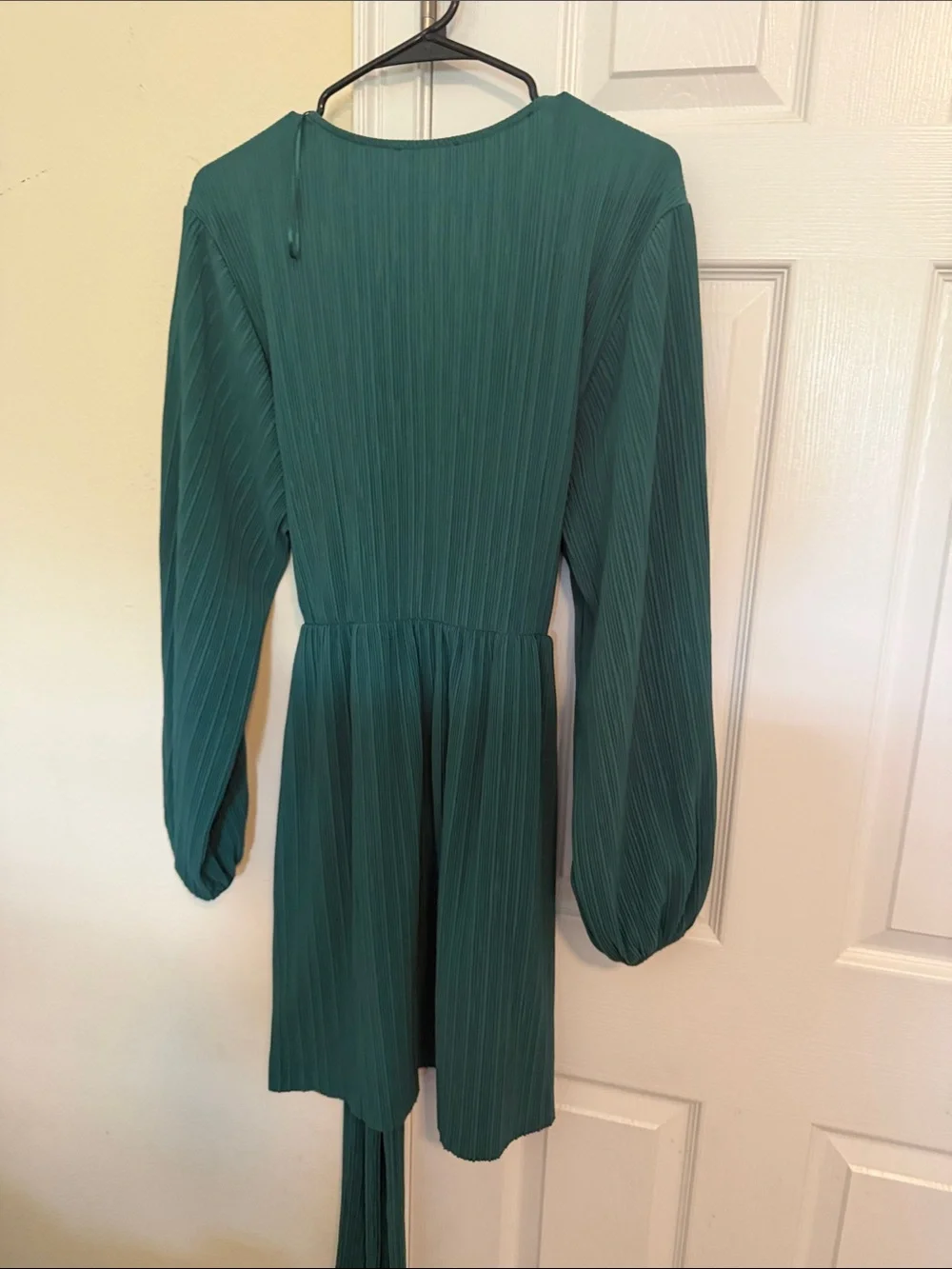 Zara Teal Pleated V-Neck Long-Sleeve Dress